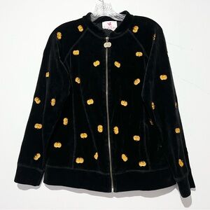 Quacker Factory Halloween Fall Pumpkin Harvest Velour Zip Up Jacket M Vintage